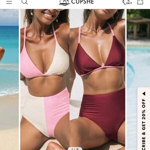 Cupshe Pink and Cream Bikini Set Triangle Top High-Waisted